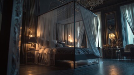 Elegant Romantic Bedroom Interior Design With Luxurious Bedding And Ambient Lighting