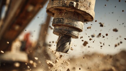 Close Up View Of Rotating Drill Bit During Excavation Project, Showing Brown Soil And Rock Fragments Flying Through The Air Under Bright Daylight