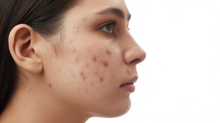 Naklejka premium Close up profile of a young woman s face showing acne blemishes and skin imperfections against a white background