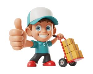 Friendly cartoon delivery man with thumbs up and cart full of packages isolated on transparent background