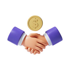 Business handshake with gold coin above symbolizing successful financial deal and partnership isolated on transparent background