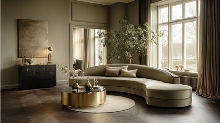 Elegant Sage Green Velvet Curved Sofa In A Luxurious Modern Living Room With Brass Coffee Table And Natural Light