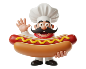 Friendly cartoon chef character holding a delicious hot dog with mustard isolated on transparent background