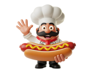Friendly cartoon chef character holding a delicious hot dog with mustard isolated on transparent background