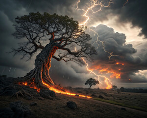 Fototapeta premium Fiery inferno blazes in the night forest, a hot, red, and orange danger with smoke and flames filling the sky