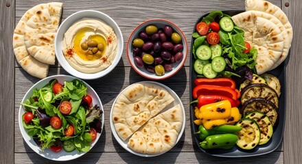 Mediterranean Food Flat Lay with Fresh Vegetables and Hummus