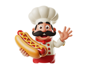 Cartoon chef character holding a delicious hot dog with mustard and ketchup isolated on transparent background