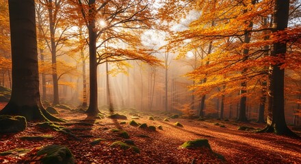 Autumn Forest with Sunlight and Golden Leaves
