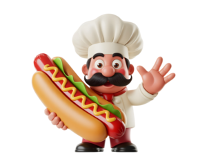 Cheerful cartoon chef character holding a delicious hot dog with mustard and relish isolated on transparent background