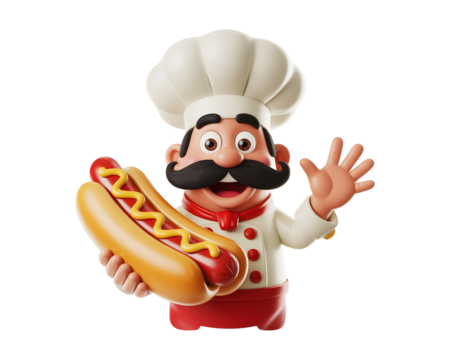 Cartoon chef character holding a delicious hot dog with mustard and ketchup isolated on transparent background