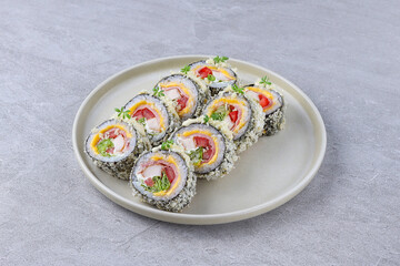 Crispy Tempura Sushi Rolls with Crab Stick, Cheese, and Vegetables