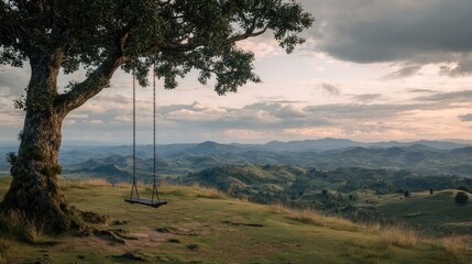 A Peaceful Outdoor Scene with a Rustic Swing