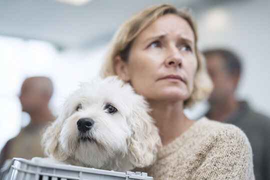 Worried woman holds her fluffy white dog in a carrier. Could represent travel stress, pet adoption, or healthcare concerns. Empathy, love, responsibility.