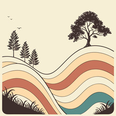 A captivating abstract pattern depicting undulating waves in a palette of warm, earthy tones. The layered waves in shades of beige, mustard, orange, and teal create a sense of movement and depth, evok