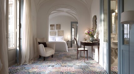 Elegant Spanish Hotel Room Interior Design Featuring A Colorful Patterned Rug, A White Chair, And An Antique Desk, Sunlight Streaming Through