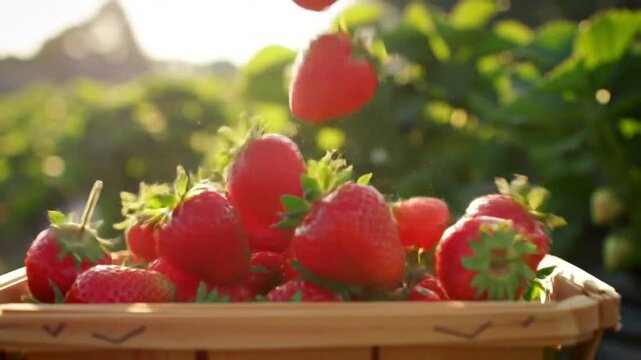 Colorful strawberries are being harvested, showcasing nature's freshness and richness in a sunny outdoor setting.