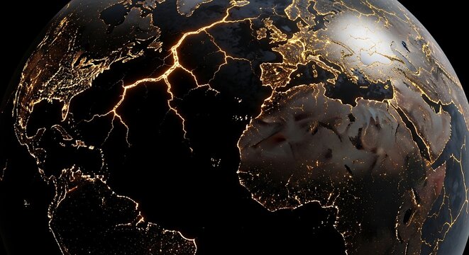 Stunning Visualisation of Earth's Illuminated Cities at Night with Glowing Cracks Representing Data Flows and Global Connectivity for Your Desktop Background - Powered by Adobe