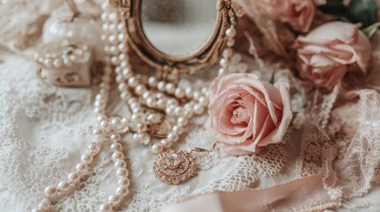 Elegant Still Life Photography Of Pearls And Pink Roses On Lacy Fabric With Antique Gold Mirror, Soft Lighting