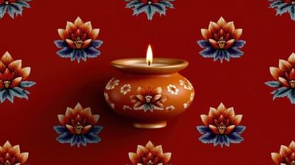 indian festival patterns, symmetrical navaratri motifs like kalash, diyas, lotus, and durga tridents create a rhythmic pattern on a deep saffron background