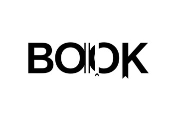 Black typographic logo for the word BOOK with letters forming an open book and a bookmark.