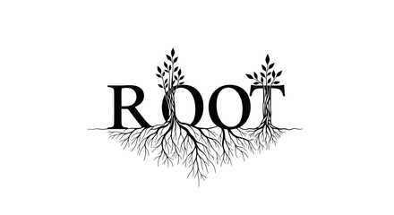 Creative black serif typography of the word ROOT with an intricate root system and leafy saplings.