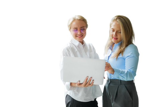 Two professional women collaborating on a project while sharing ideas and insights