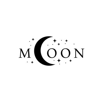 Elegant MOON wordmark logo with a crescent moon replacing the letter O surrounded by decorative black stars.