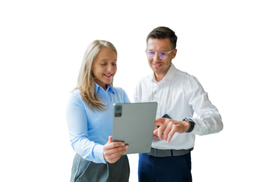 Business woman and man professionals engage in digital collaboration while reviewing data on a tablet 