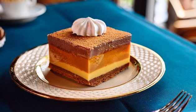 caramel layered dobos torte served in elegant budapest tea salon interior