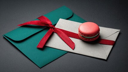 Elegant Teal And Silver Glitter Envelopes Featuring A Red Ribbon And Pastel Pink Treat On A Dark Background A Festive Gift Or Invitation