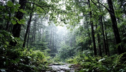 Obraz premium Lush forest pathway on a rainy day
