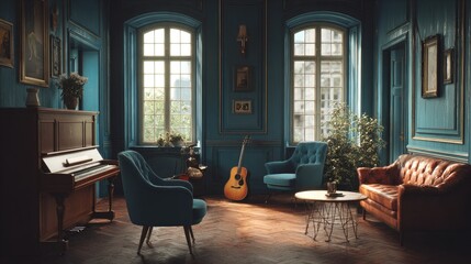 Elegant Teal Living Room Design Sunlight Illuminates Antique Piano, Guitar, Leather Sofa, and Velvet Chairs in a Grand Space.  Dark Atmosphere, Rich