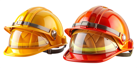 Two Firefighter Helmets Yellow and Red on Background safety protection isolated on a transparent background