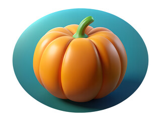 3d illustration of a vibrant orange pumpkin with a green stem, rendered in 3d and isolated on a blue oval background, representing autumn harvest and halloween isolated on transparent background
