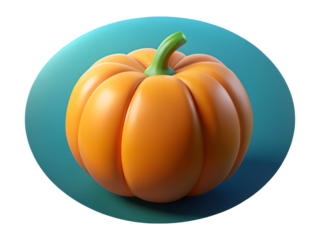 3d illustration of a vibrant orange pumpkin with a green stem, rendered in 3d and isolated on a blue oval background, representing autumn harvest and halloween isolated on transparent background