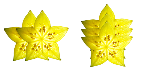 Fresh yellow star fruit slices stacked in a vibrant arrangement.