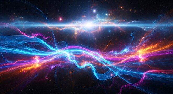 A Vibrant Cosmic Tapestry of Light and Energy Flowing Through the Vastness of Deep Space Revealing Distant Galaxies and Nebulae