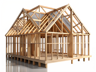 3d illustration of wooden house frame under construction, showcasing the structural elements and beams of a new residential building, isolated on transparent background