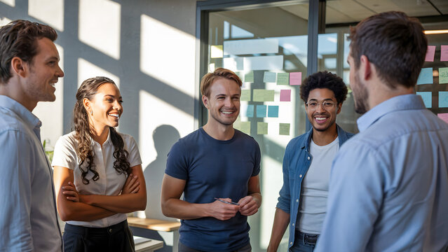 Group of five diverse young professionals smiling and collaborating in a modern office space setting