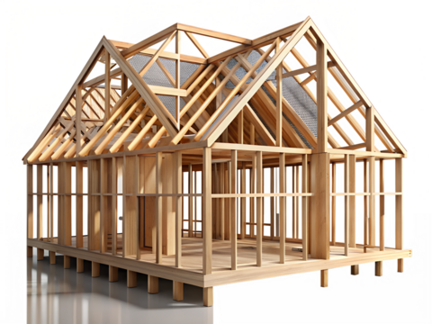 3d illustration of wooden house frame under construction, showcasing the structural elements and beams of a new residential building, isolated on transparent background