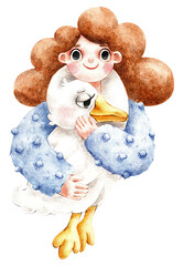 Cute illustration. Girl with curly hair hugs goose. Watercolor with colored pencil detail. Warm fairytale drawing.