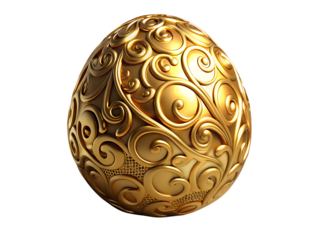 3d illustration of ornate golden easter egg with intricate swirl pattern, isolated on transparent background