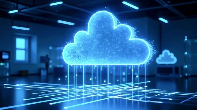 Futuristic digital cloud symbolizing data storage in a modern tech office with glowing connections