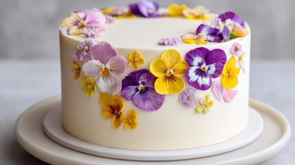 Elegant White Cake Decorated with Colorful Flowers, a Delicious and Beautiful Dessert for Celebrations, High Angle Studio Shot