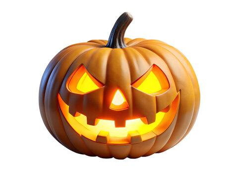 3d illustration of a carved halloween pumpkin with a scary face, glowing from within, isolated on a transparent background, representing the spooky autumn holiday
