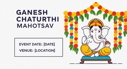 Fototapeta premium Flat vector style Ganesh Chaturthi poster with bold typography, Lord Ganesha graphic, marigold decorations, space for event date and venue, colorful and festive, professional layout.
