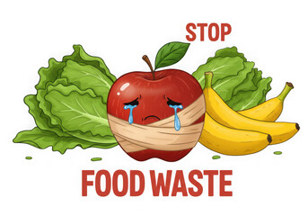 Stop food waste concept with sad apple isolated on transparent background