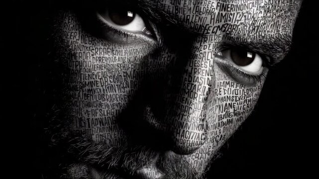 Exploring the intricate connection between words and emotions through a detailed portrayal of a man's face filled with text