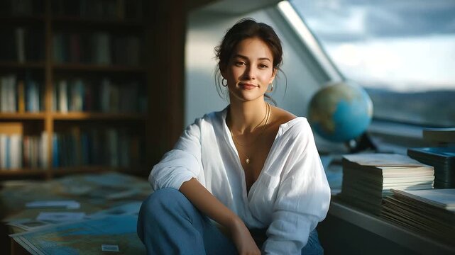 A young woman mapping world atlases and maps in a library