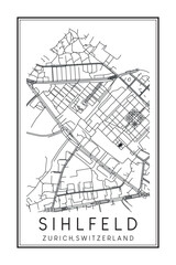 Obraz premium Hand drawn printable downtown road map poster of the Swiss city of ZURICH-SIHLFELD on solid white background with city name